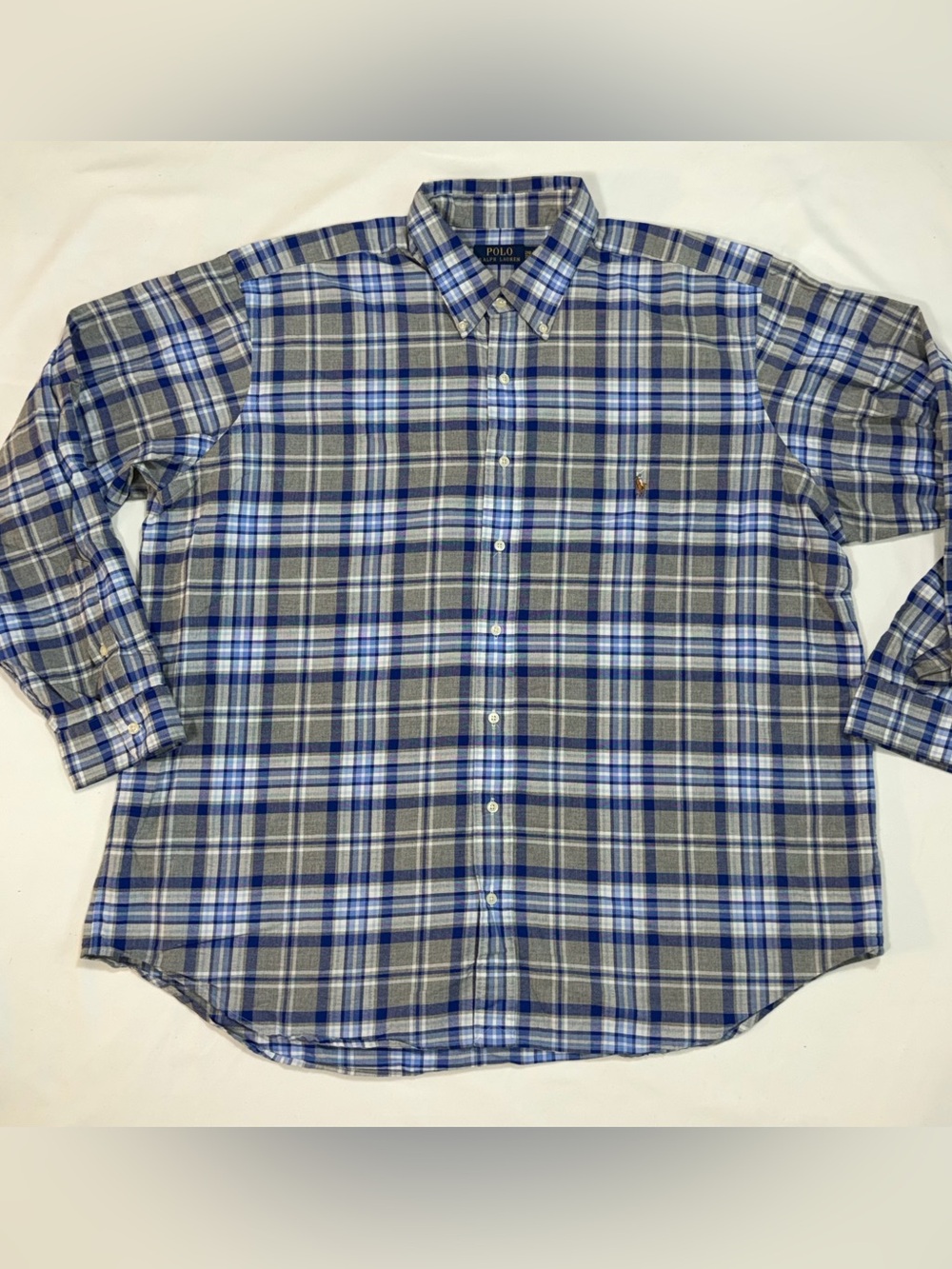 Polo Ralph Lauren Men’s 2XB Blue Gray Plaid 100% Cotton Button Down Big Tall B38